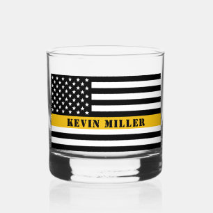 Custom 911 Dispatcher USA Flag Thin Gold Line Whiskey Glass