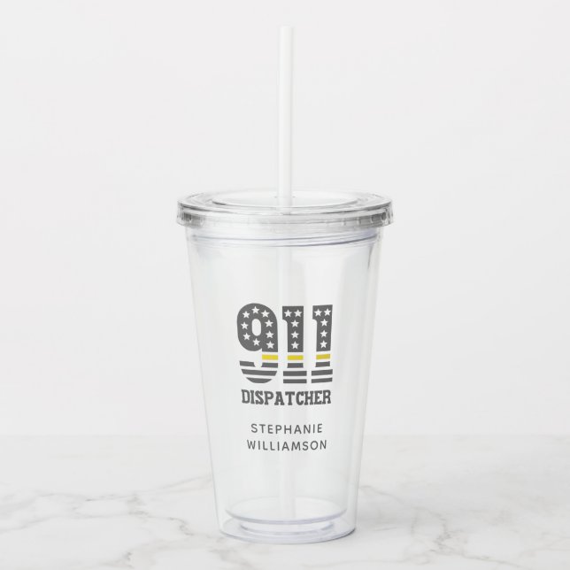 Custom 911 Dispatcher USA Flag Thin Yellow Line Acrylic Tumbler (Front)