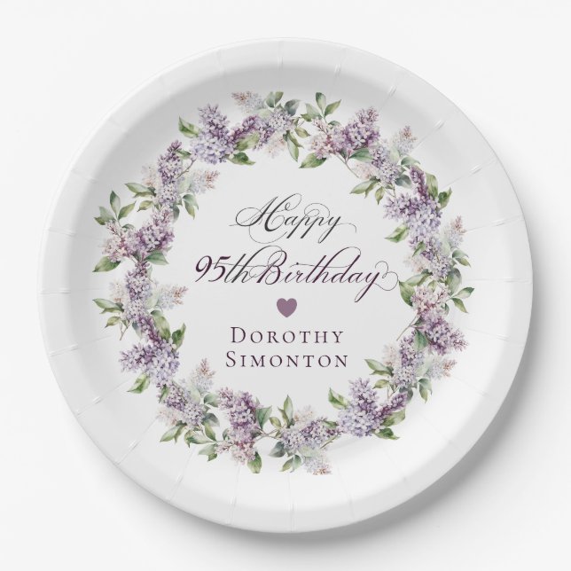 Custom 95th Birthday Purple Lilac Spring Flower Paper Plate (Front)