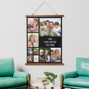 Custom 9 Photo Collage Black Hanging Tapestry