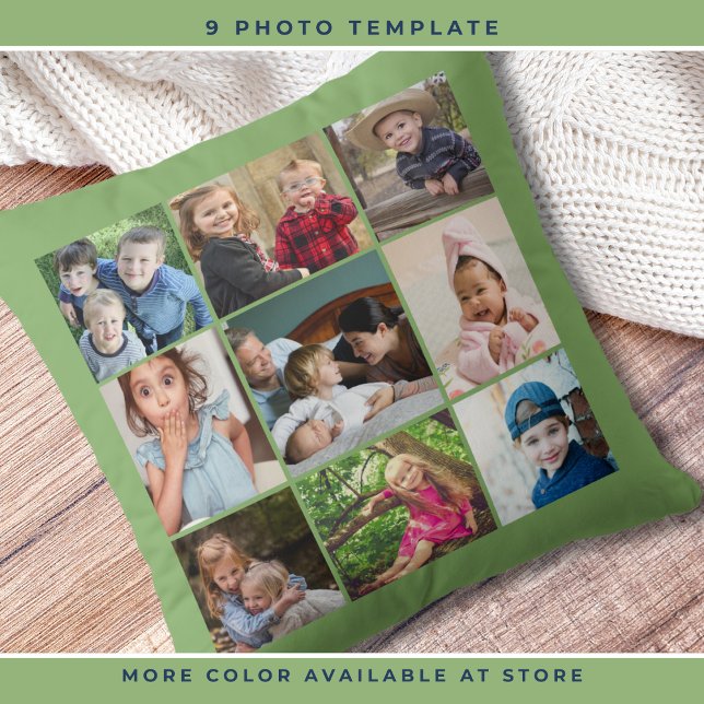 Custom 9 Photo Collage Family Keepsake Pista Green Throw Pillow (Creator Uploaded)