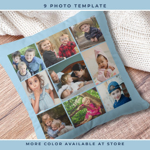 Custom 9 Photo Collage Family Keepsake Sky Blue Throw Pillow