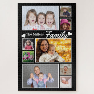 Custom 9 Photo Collage Family Name 1014 Pcs Black Jigsaw Puzzle