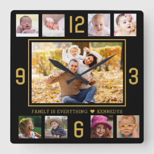 Custom 9 Photo Collage Family Quote Black And Gold Square Wall Clock