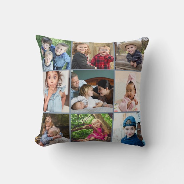Custom 9 Photo Collage Family Quote Grey Keepsake Throw Pillow (Front)