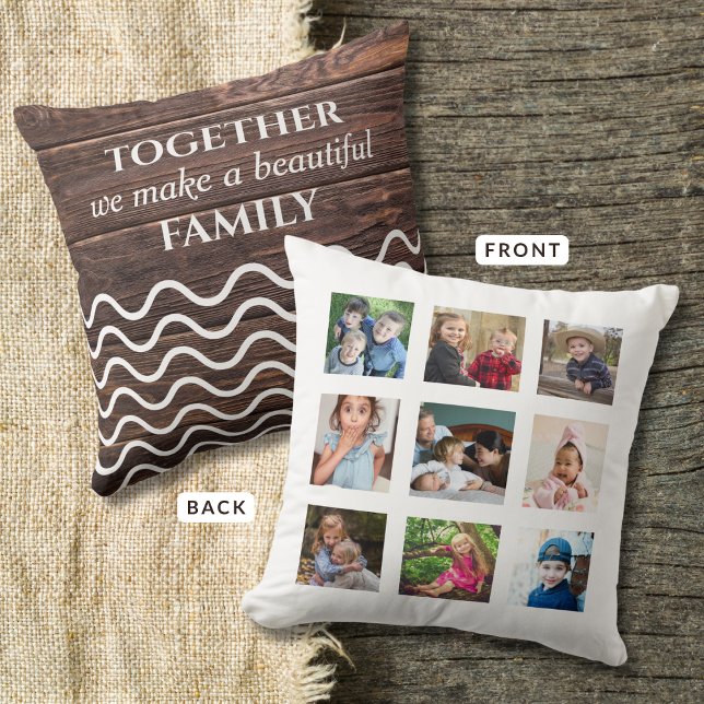 Custom 9 Photo Collage Family Quote Wood White Throw Pillow (Creator Uploaded)