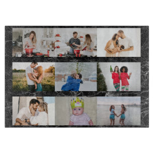 Custom 9 Photo Collage Personalized Black Marble  Cutting Board