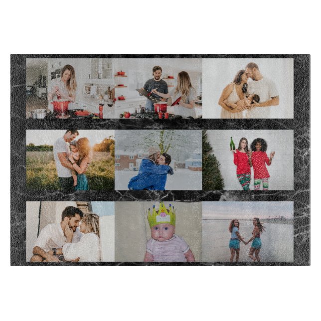 Custom 9 Photo Collage Personalized Black Marble  Cutting Board (Front)