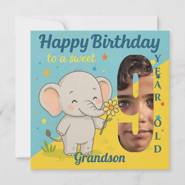 Custom 9th Birthday Elephant Sweet Your Carte phot (Devant)