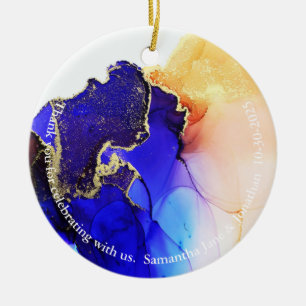 Custom Abstract Blue Orange Gold Wedding Favour Ceramic Ornament
