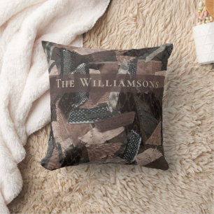 Custom abstract brown beige grey ribbon patchwork  throw pillow