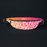 Custom Abstract Floral Elegant Ombre Pink Orange Fanny Pack<br><div class="desc">This unique fanny pack design is fun & colourful. The background consists of an abstract white floral pattern and an eye-catching orange & pink ombre gradient pattern. Add a custom name in stylish white script with the simple-to-use template. Font type may be further customized in the design tool area. Contact...</div>
