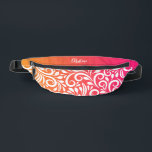 Custom Abstract Floral Elegant Ombre Pink Orange Fanny Pack<br><div class="desc">This unique fanny pack design is fun & colourful. The background consists of an abstract white floral pattern and an eye-catching orange & pink ombre gradient pattern. Add a custom name in stylish white script with the simple-to-use template. Font type may be further customized in the design tool area. Contact...</div>