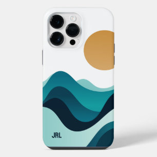 Custom Abstract Ocean Waves Sun Minimal Blue White iPhone 14 Pro Max Case