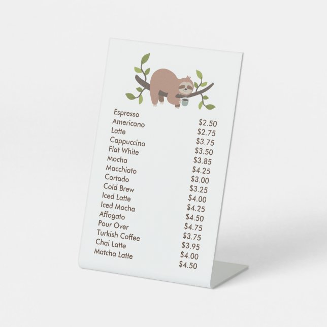 Custom Acrylic Pedestal Menu Sign with Sloth  (Front)