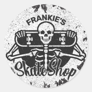 Custom ADD NAME Skull Skateboard Skate Shop Classic Round Sticker