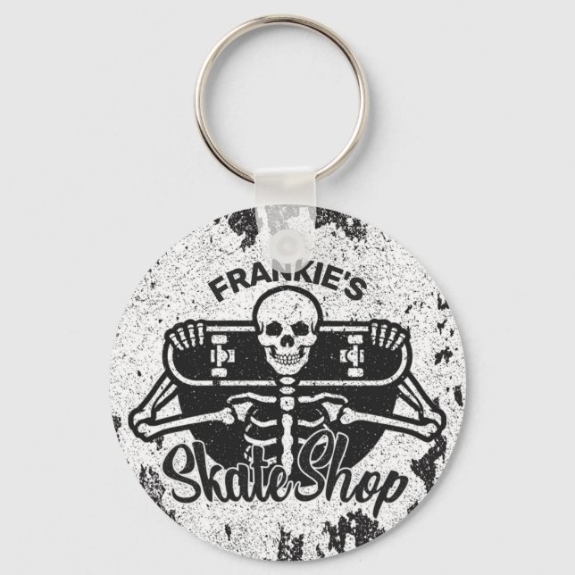 Custom ADD NAME Skull Skateboard Skate Shop Keychain (Front)