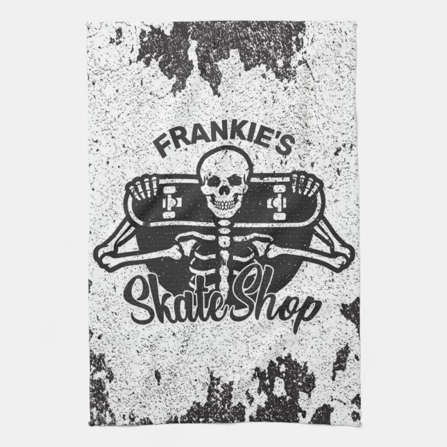 Custom ADD NAME Skull Skateboard Skate Shop Kitchen Towel (Vertical)