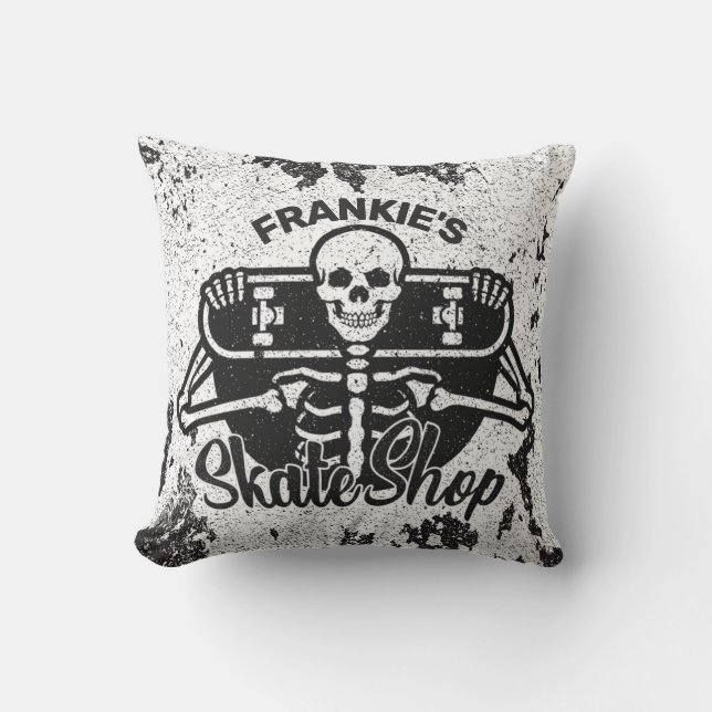 Custom ADD NAME Skull Skateboard Skate Shop Throw Pillow (Front)