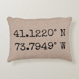 Custom add your own city state coordinates burlap accent pillow
