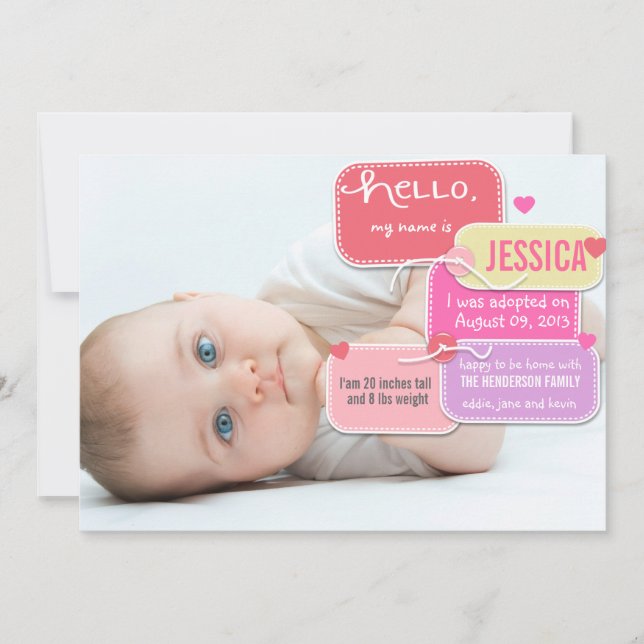 Custom adoption new baby girl announcement (Front)