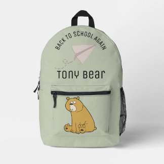 Custom adorable cartoon bear Sage green School Printed Backpack