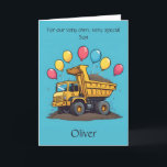 Custom Adorable Dump Truck Son Birthday Poem Card<br><div class="desc">Make your son’s big day extra special with this personalized birthday poem card—featuring a happy dump truck, festive balloons, and his name right on the front! Use the Design Tool to customize the name, age, and poem on the inside panel. This cheerful, colourful card is a perfect fit for your...</div>
