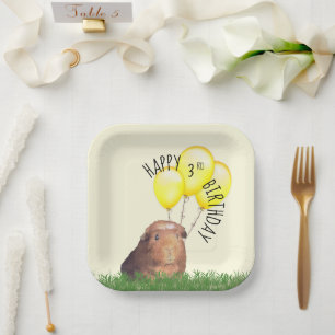 Custom Age Birthday Guinea Pig Yellow Balloons Paper Plate