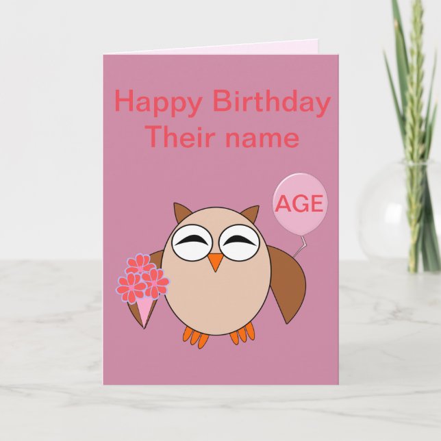 Custom Age Birthday Owl Card (Front)