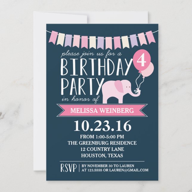 Custom Age Elephant Birthday Party | Birthday Invitation (Front)
