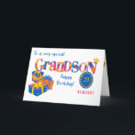 Custom Age Grandson's Birthday Gifts Word Art Card<br><div class="desc">A brightly colored 'word art' birthday card for a grandson that you can customize with his age. Suitable for a grandson of any age, the front cover greeting is, 'To a very special Grandson' and 'Happy Birthday!' with the word, 'Grandson' in huge letters, filled with star, polka dot, chevron and...</div>