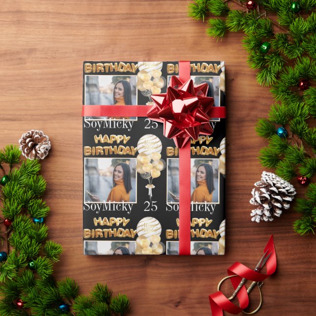 Custom age name & photo happy birthday black wrapping paper (Holiday Gift)
