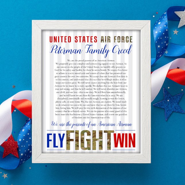 Custom Air Force Family 8x10 Wall Décor Creed Poster (Custom Air Force Family Creed Poster, wall decor, patriotic wall art, USA flag, camouflage, Parents )