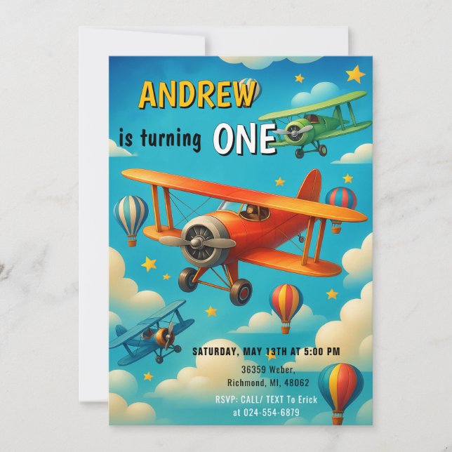 Custom Airplane First Birthday kid party Invitation (Front)