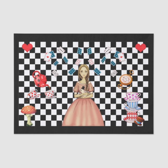 Custom Alice in Wonderland Tea Party Black Checked Tissue Paper (Front)