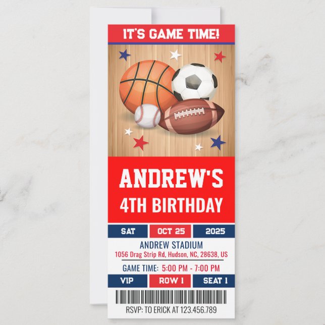 Custom All Star Sports Ticket Birthday Invitation (Front)
