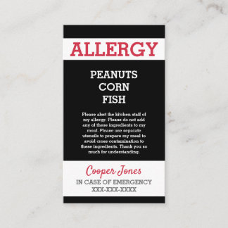Custom Allergy Alert Restaurant Emergency Kids Calling Card
