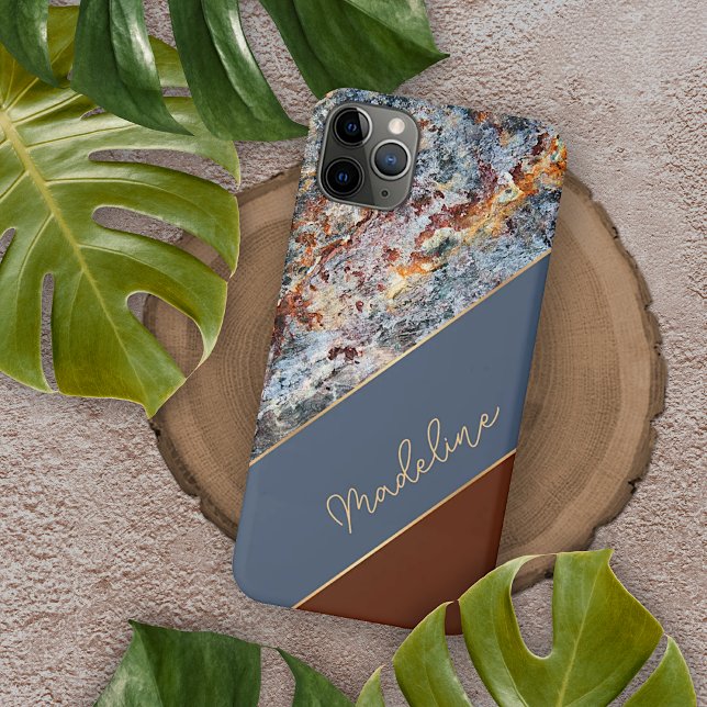 Custom Amber Brown Dark Blue Chic Marble Pattern iPhone Case (Creator Uploaded)