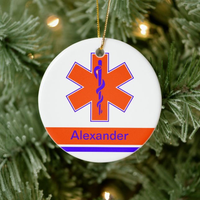 Custom Ambulance Orange and Blue Star of Life Ceramic Ornament (Tree)