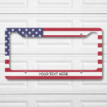 Custom American Flag And Text License Plate Frame<br><div class="desc">Customize this design and create your personalized License Plate Frame. You can TRANSFER this DESIGN on other Zazzle products and adjust it to fit most of the Zazzle items. You can also click the CUSTOMIZE button to add, delete or change details like background colour, text, font or some graphics. Standard...</div>