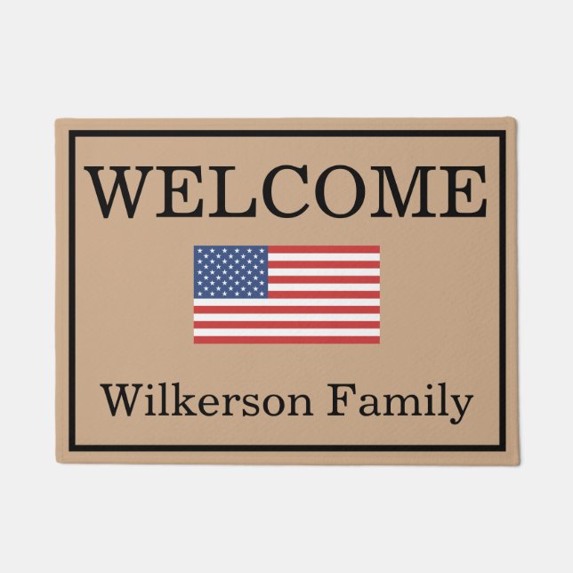 Custom American Flag Family Name Door Mat (Front)