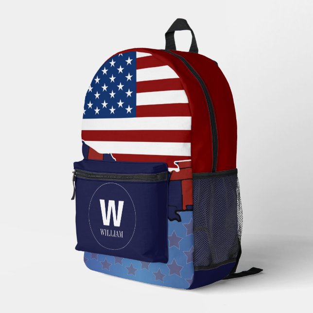 Custom American Flag Monogram Name Backpack  (Back Corner Right)