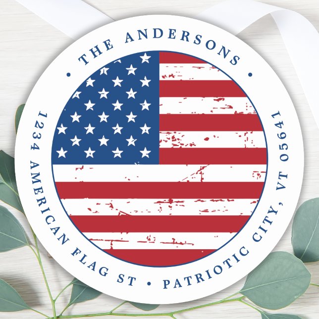 Custom American Flag Patriotic Return Address Classic Round Sticker (Creator Uploaded)