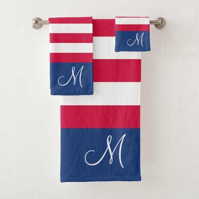 Custom American Flag Red White and Blue Monogram Bath Towel Set (Insitu)