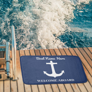 Custom Anchor Navy Blue Bath Mat Boat Name Welcome