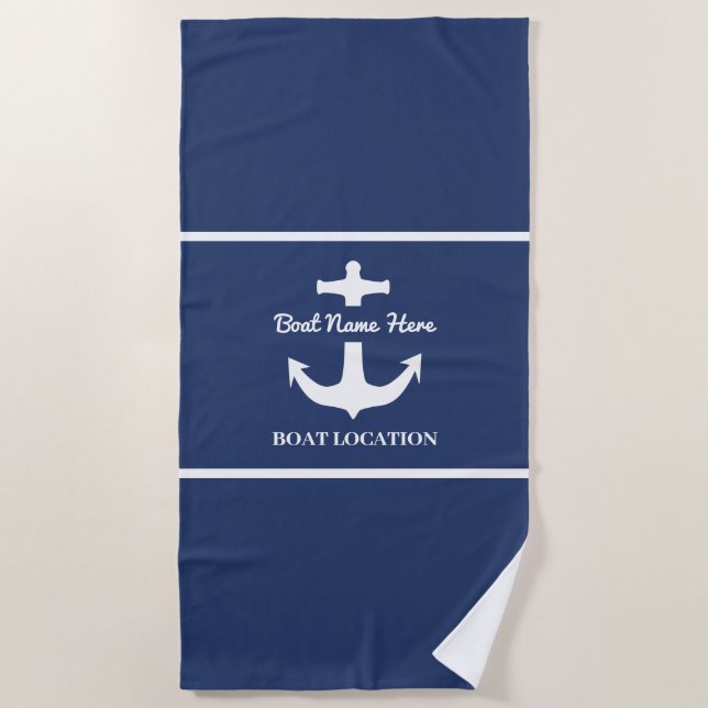 Custom Anchor Navy Blue Boat Name Location Beach Towel (Front)