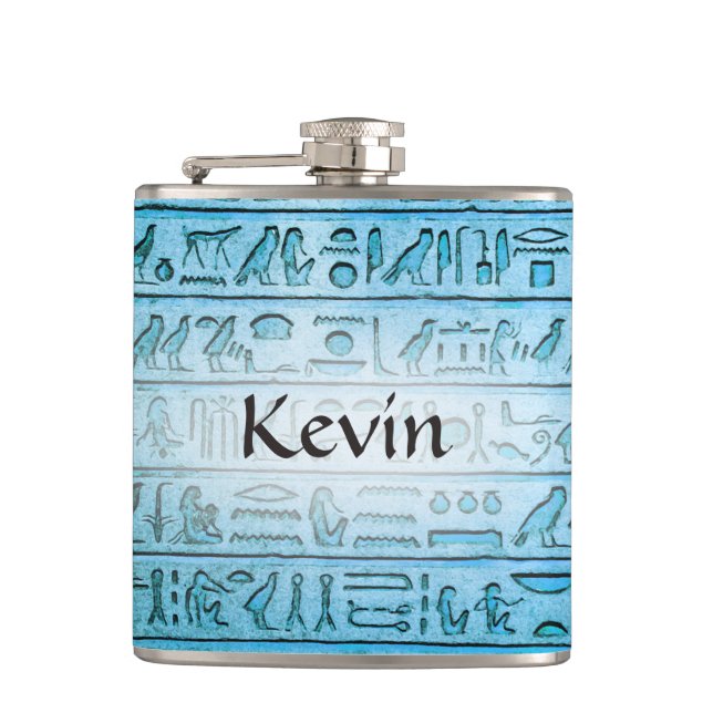 Custom Ancient Egyptian Hieroglyphs Blue Hip Flask (Front)