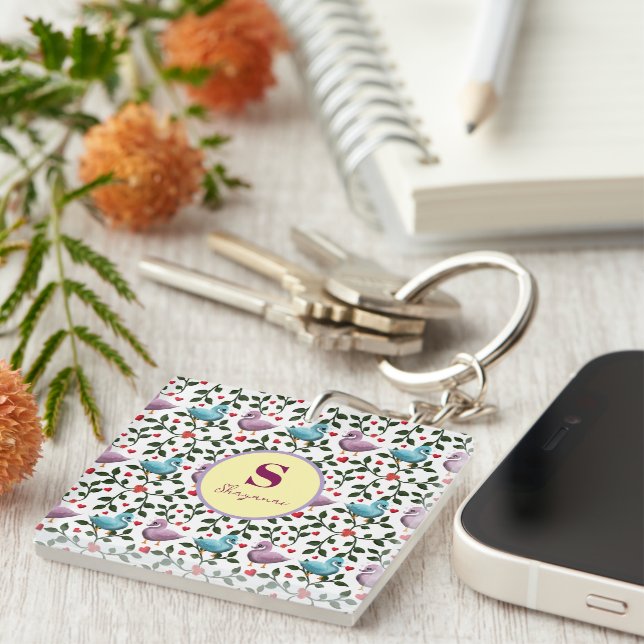 Custom and personalized birds pattern  keychain (Front Right)