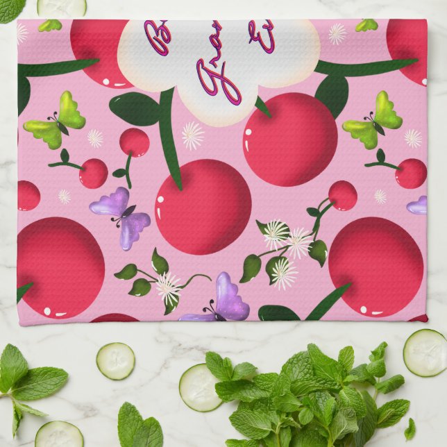 Custom and personalized cherry butterfly gift  kitchen towel (Folded)
