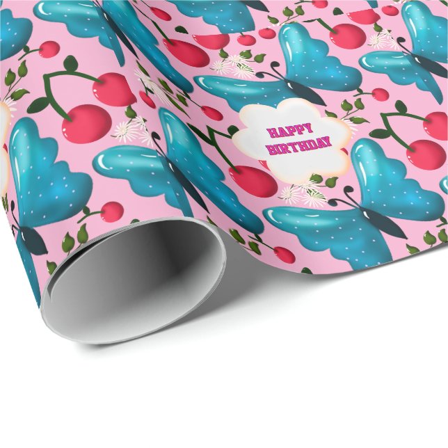 Custom and personalized cherry butterfly gift   wrapping paper (Roll Corner)